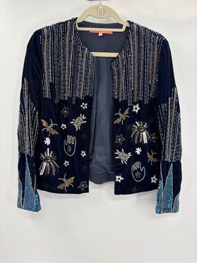 Vilagallo Anthropologie Navy Velvet Beaded Sequin Embellished Jacket Blazer US 6